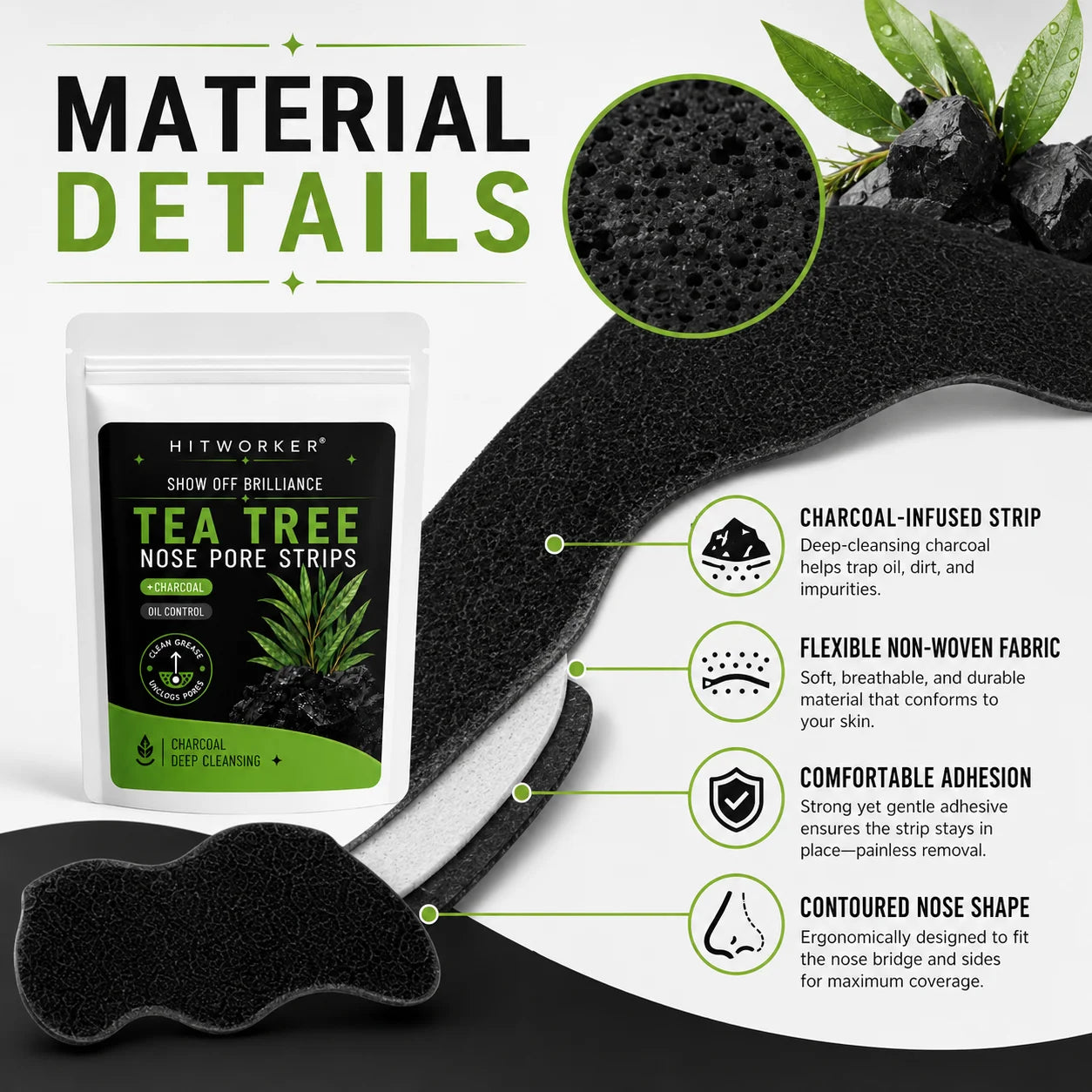 Tea Tree Charcoal Nose Pore Strips, Deep Cleansing Blackhead Remover for Men & Women, Oil Control Nose Care, 10–15 Min Routine