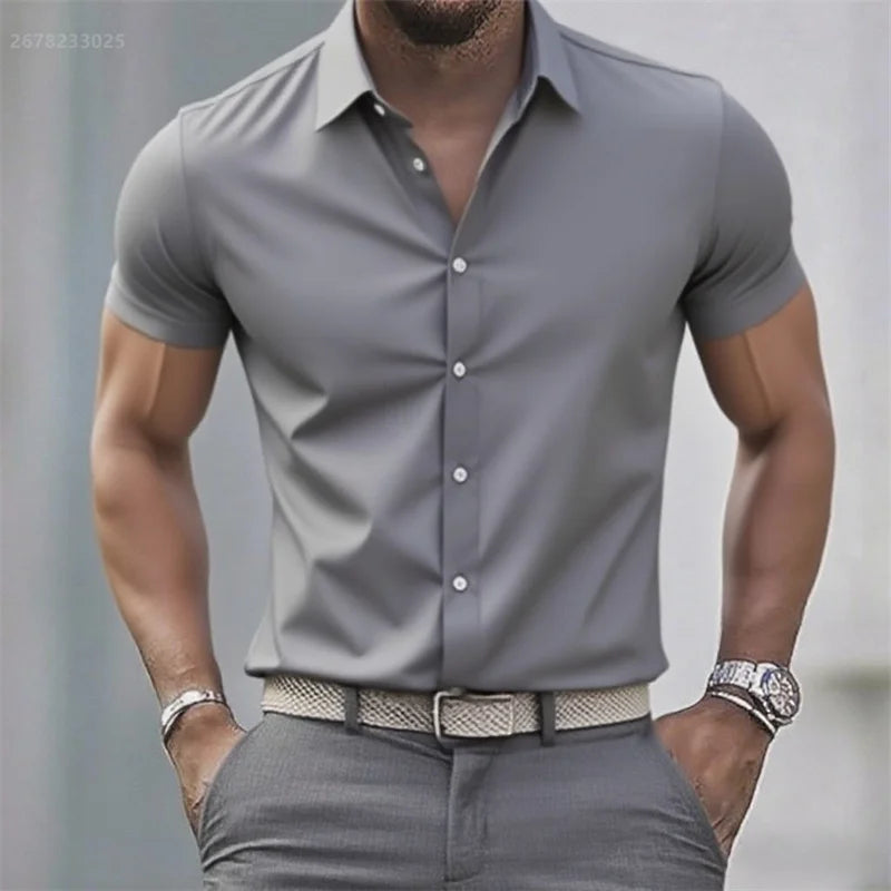 Solid color men's casual shirt, fashionable casual short sleeve stretch fabric, business formal shirt, comfortable fabric
