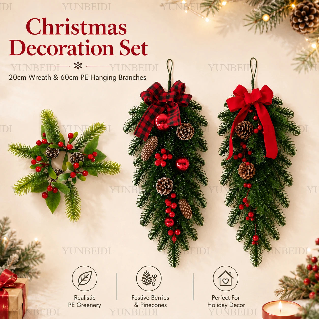 Artificial Christmas Branches PE Material Christmas Wreath 20CM/60CM for Home Windows Doors and Walls Christmas Decorations