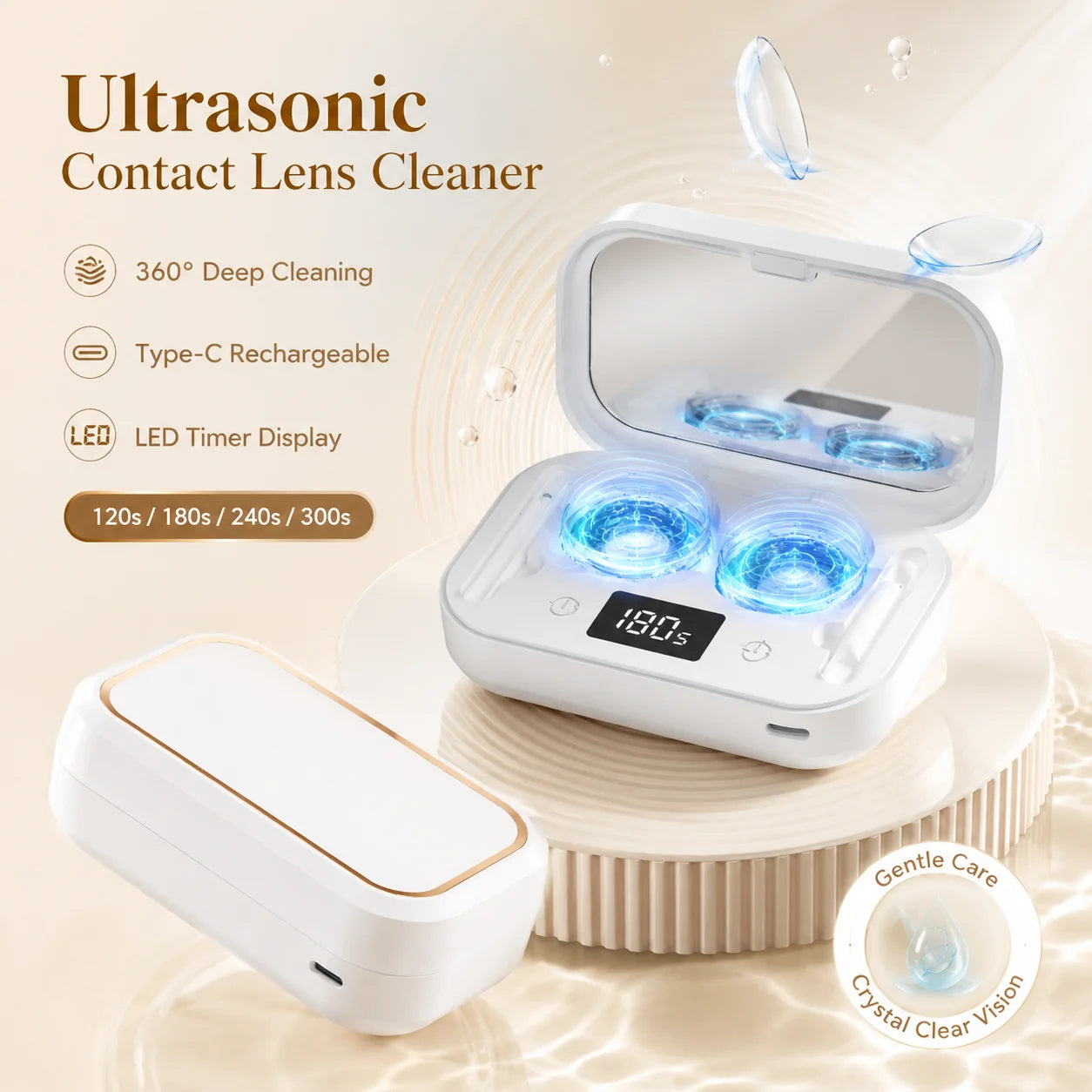 Portable Contact Lens Cleaner With 49KHz Ultrasonic Cleaning LED Display USB Type-C Charging 360° Deep Wash Box