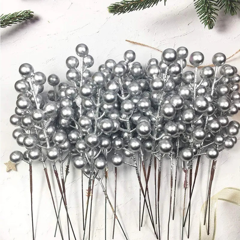 5Pcs Christmas Flowers Glitter Flowers Artificial Berry Christmas Tree Decorations Ornaments Xmas Party Wreath Floral Home Decor