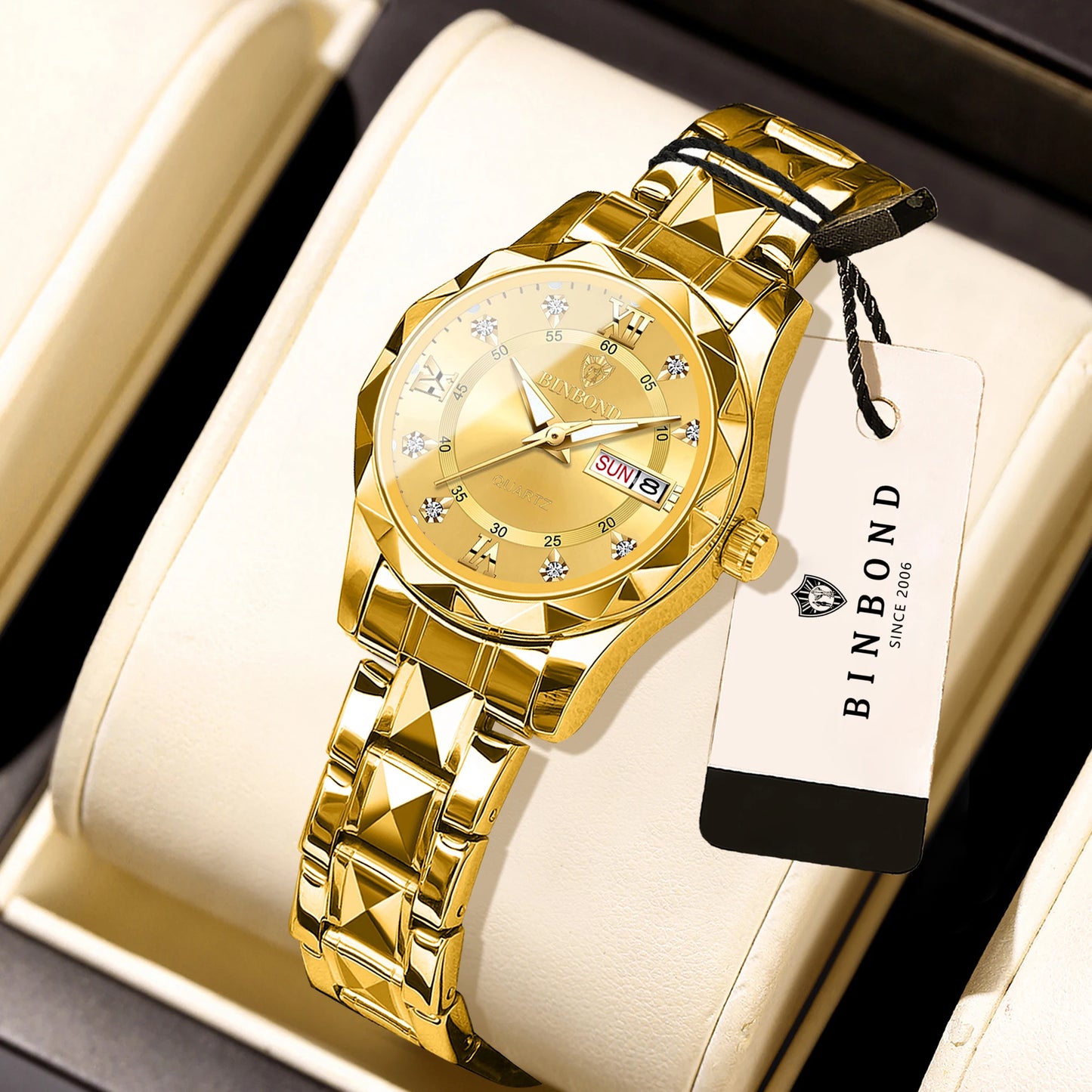 BINBOND Ladies Reloj Sturdy Quartz Watches For Women Luxury Luminous Waterproof Accurate Auto Date Week Display Women's Watch