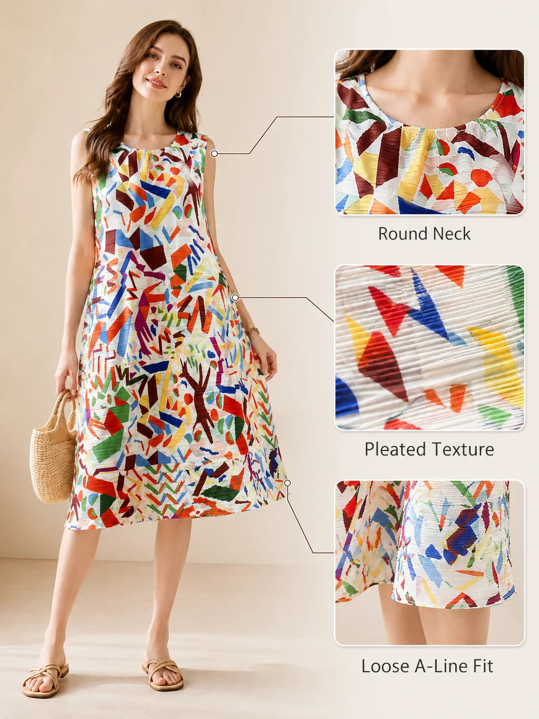 Women Pleated Sleeveless Midi Dress, Abstract Geometric Colorful Art Print Loose A‑Line Tank Dress Round Neck Casual Summer Vacation Party Midi Dresses for Ladies