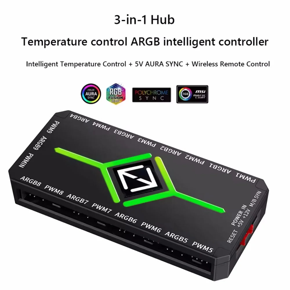 3 in 1 5V 3 Pin ARGB Controller Cooling Fan Hub 4 Pin PWM Magnetic Suction Hub PWM Fan Hub 1To9 Ports for Computer PC Case Fan