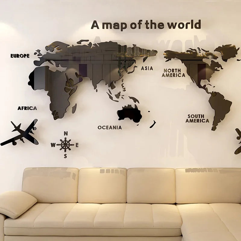1Pc World Map Wall Stickers Acrylic Creative 3D TV backdrop Wallpaper Decoration Home Living Room Office Interior Decorative