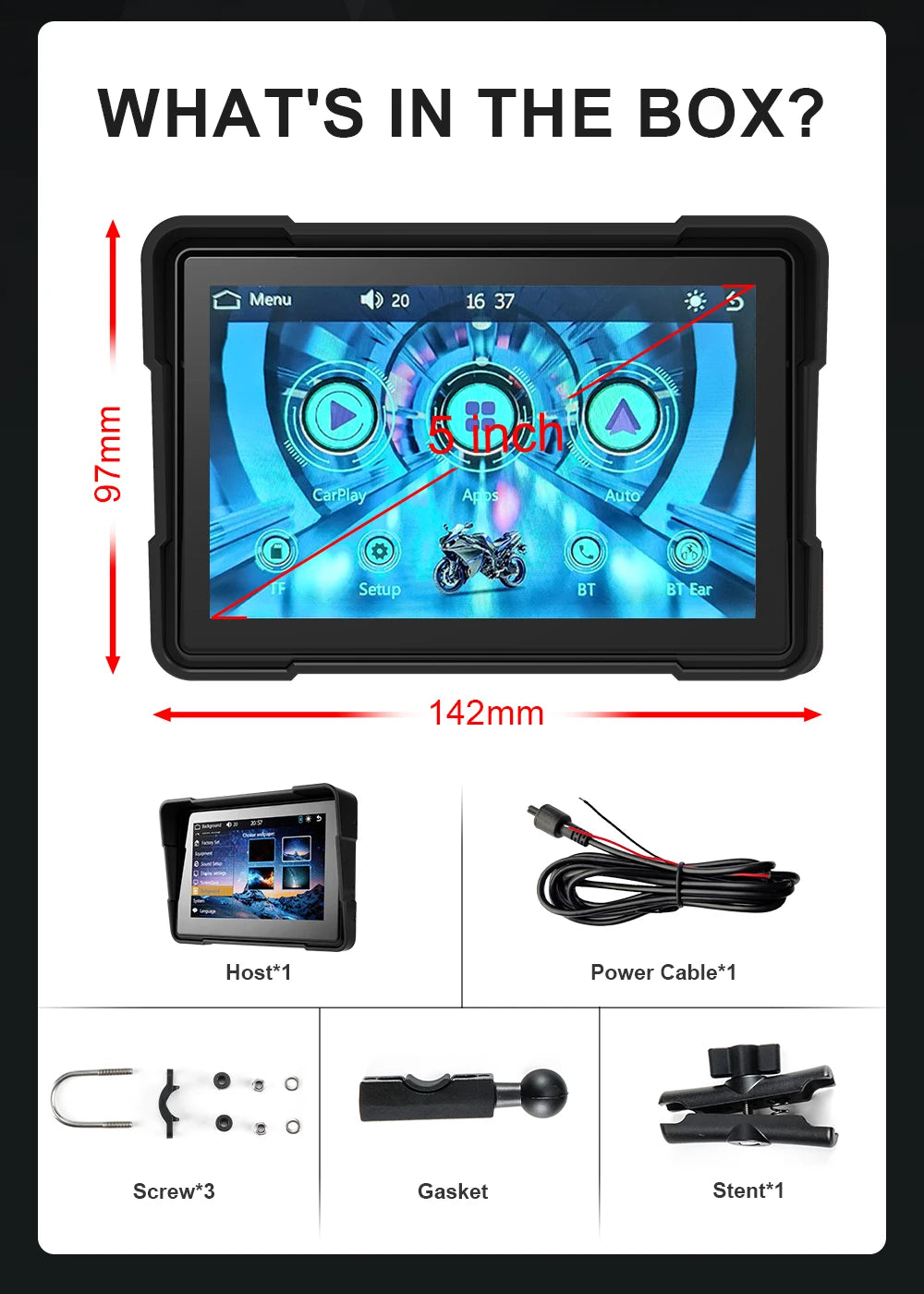 5 Inch Universal Motorcycle CarPlay Display Screen Waterproof Android Auto Motorbike GPS Navigator