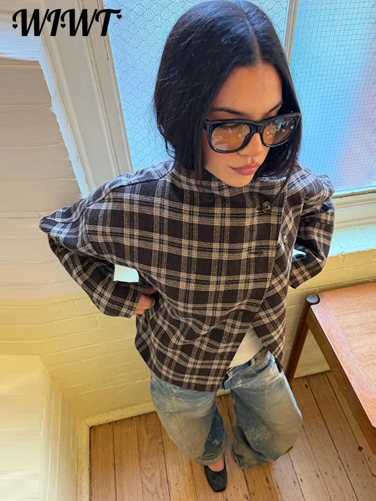 2026 Autumn Plaid Stand Collar Woolen Coats Ladies Casual Single-breasted Pockets Full Sleeve Jackets Women's Street Outwear