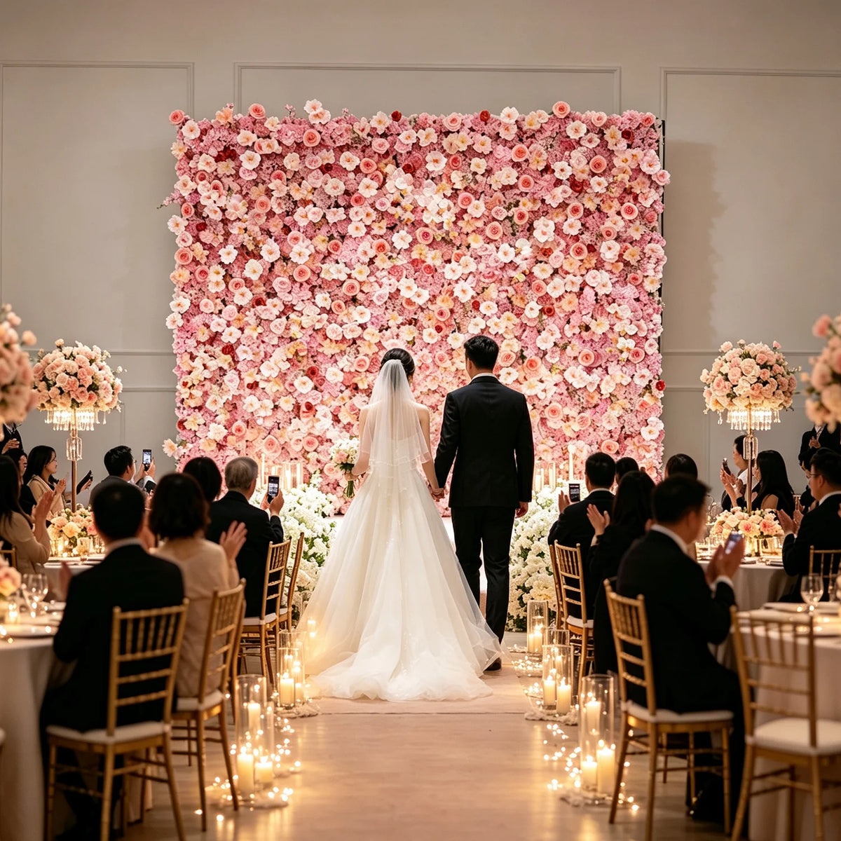 Uflower Pink Peony Rose Cloth Artificial Flower Wall Wedding Backdrop Decor Curtain Hanging Fabric Floral Wall Event Party Props