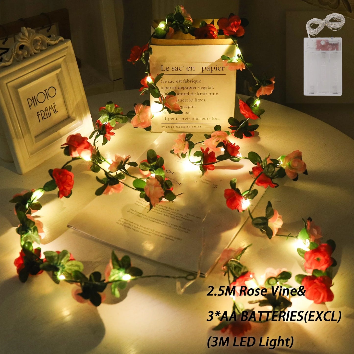 Rose LED Lights String Artificial Flowers Ivy Leaves Wedding Garland Home Room Decoration Arch Hanging Wall Garden Party Decor