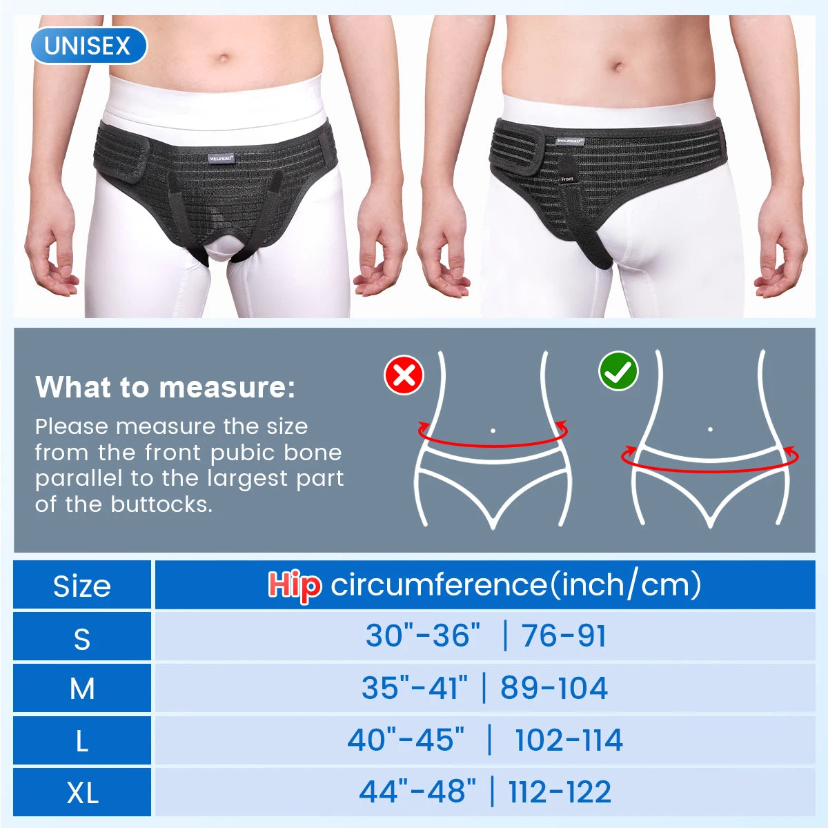 VELPEAU Hernia Belt with 2 Compression Pads, Adjustable Hernia Truss Support for Single/Double Inguinal for Men and Women