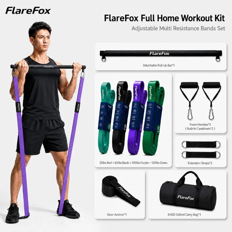 FlareFox Adjustable Multi Resistance Bands Push-pull Rod Pull-Up Assist Strap Strength Training Home Gym Equipment Workout Kit