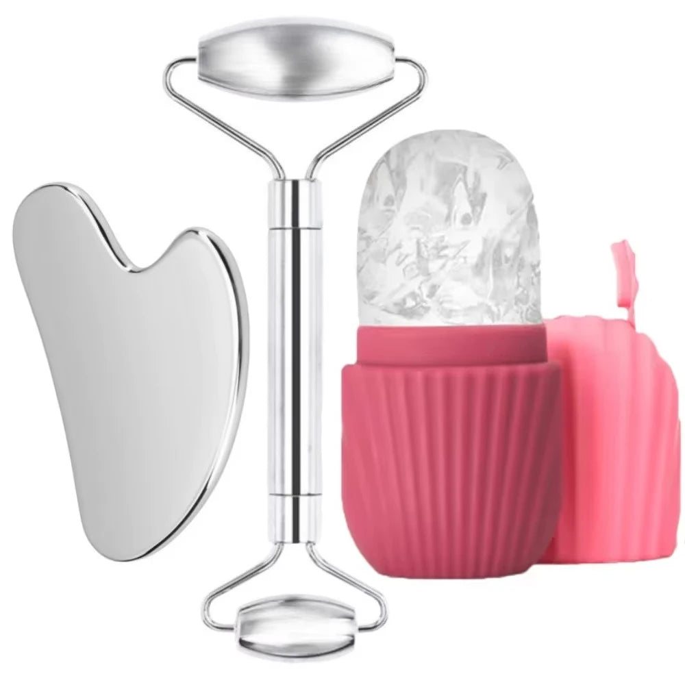 1/3PCS Face Ice Roller Stainless Steel Gua Sha Board Face Massage Roller Facial Massager Face Lifting Beauty Skin Care Tools