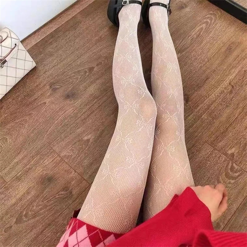 Gothic Tights Women Leggings Lolita Hollowed Out Mesh Stockings Japanese Bottomed Lace Pantyhose Floral Rattan Black Stocking