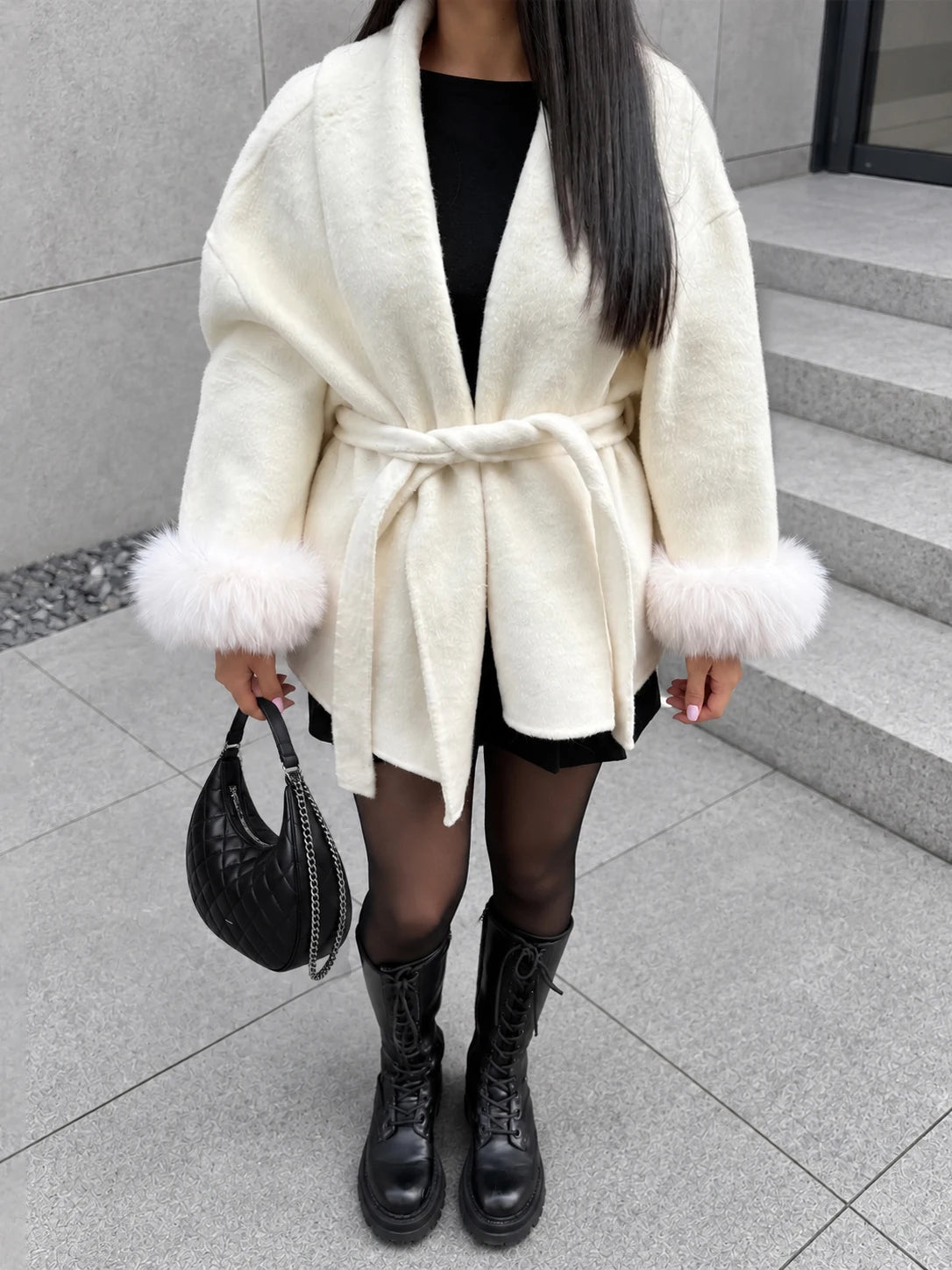 Tossy Fox Fur Wool Overcoat Women's Short Coat Office Lady Elegant Double-sided Woolen Coat 2025 New Cardigan Jackets Loose Wool