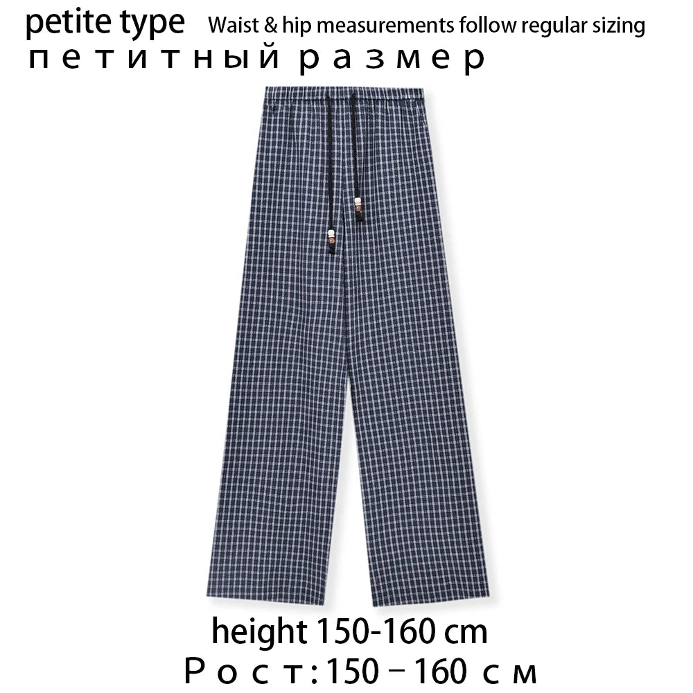 XIAOGULI Blue Plaid Wide Leg Pants Women Cotton High Waist Drawstring Trousers 2026 Petite Regular 2 Types Casual Long Pants