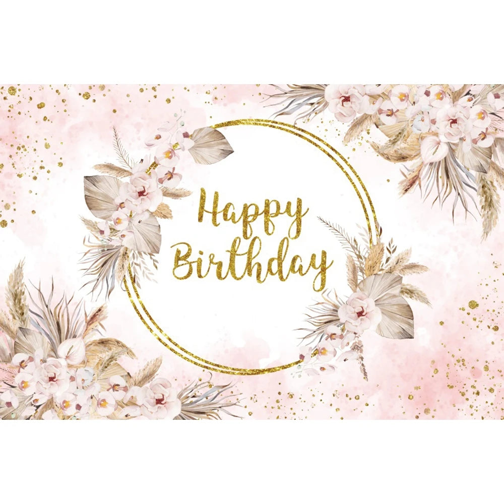Happy Birthday Backdrop Gold Frame Frame Flower Butterfly Baby Shower Adult Anniversary Birthday Party Photography Background
