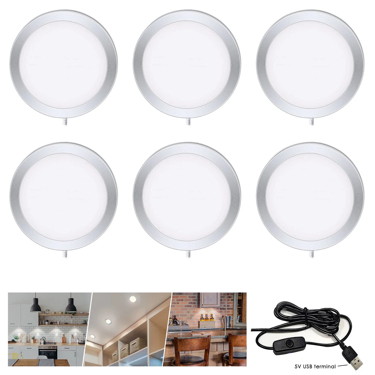 Led Under Cabinet Light 3W Round Dimmable Puck Lamp Kit with 5V USB Switch Interior Home Showcase Cupboard Mini Spot Downlights