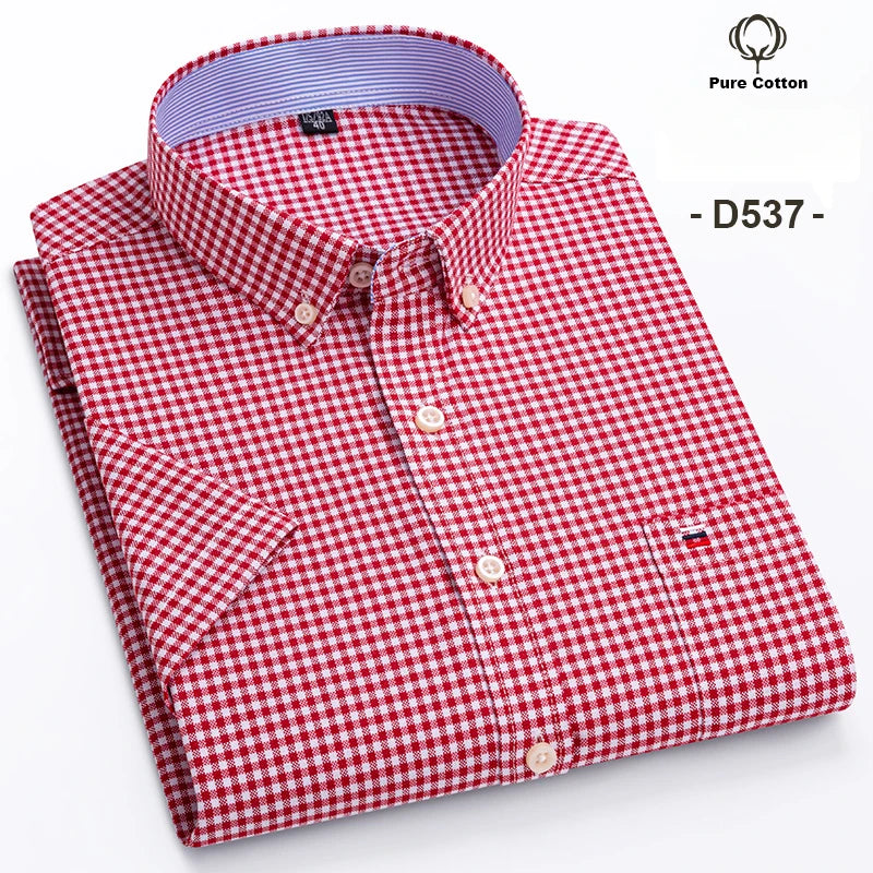 Plus Size 7XL Summer Short Sleeve Shirt 100%Cotton Shirts for Men White Plaid Striped Social Slim Fit Formal Business Clothing