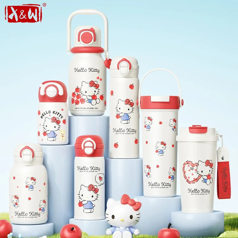 X&W Cartoon Insulated Cup HelloKitty Red Apple Series Thermal Mug Keep Hot＆Cold Water Cup Portable Outdoor Travel/Camp Drinkware