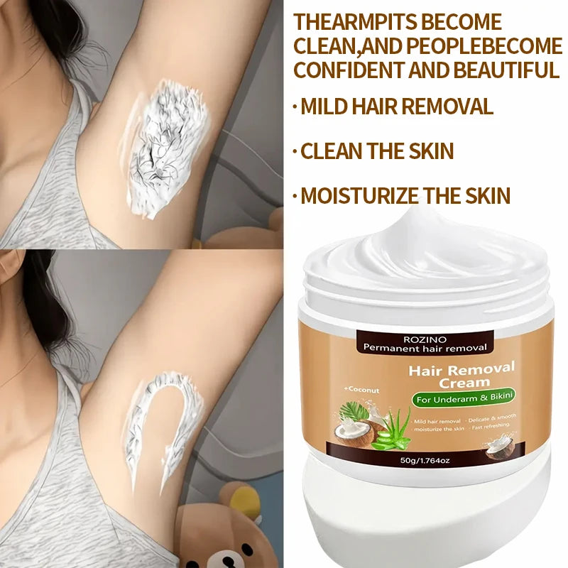 One application lasts for three months, 50g coconut hair removal cream, instant hair removal, non-irritating to the skin, smooth and residue-free semi-permanent hair removal, suitable for hair removal on lips, armpits, legs,