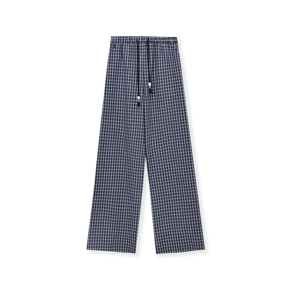XIAOGULI Blue Plaid Wide Leg Pants Women Cotton High Waist Drawstring Trousers 2026 Petite Regular 2 Types Casual Long Pants