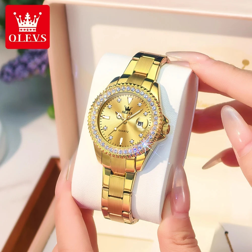 OLEVS Elegant Original Quartz Women's Watch Luxury Diamond Dial Fashion Steel Band Leather Band Waterproof Glow Watch 9945