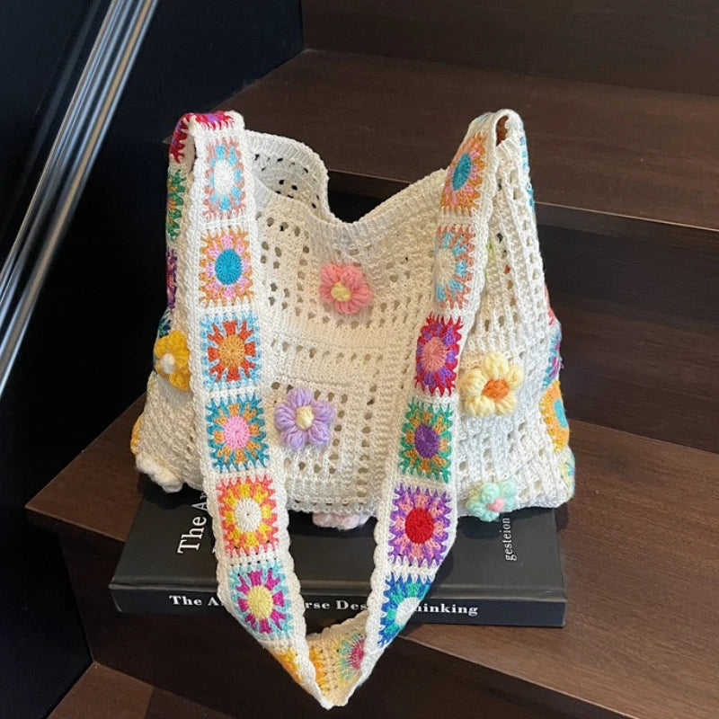 Women's Boho Crochet Bag Designer Flowers Knitted Handbags Large Capacity Summer Beach Woven Shoulder Bag Girls Tote Shopper Bag