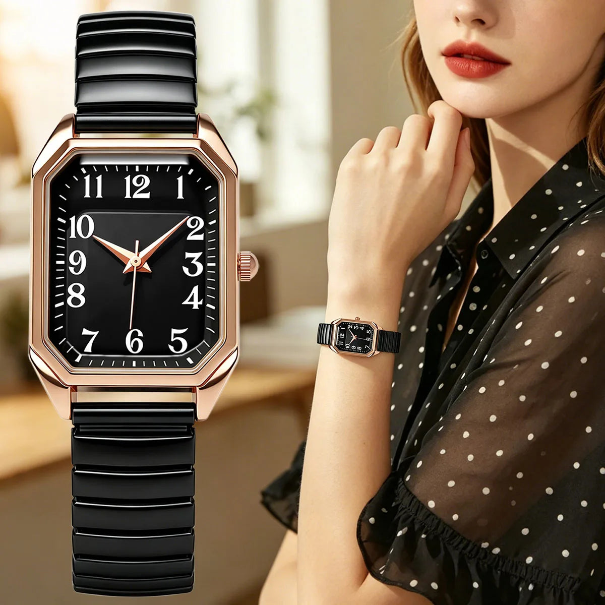 Business Luxury Simple Popular Fashion Elastic Strap Alloy Rectangle Women Ladies Quartz Watches