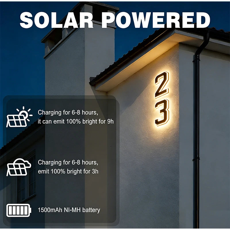 LED Solar House Number Light Waterproof Address Plate with Light Sensor for Home Entrance Yard Wall Outdoor Decoration
