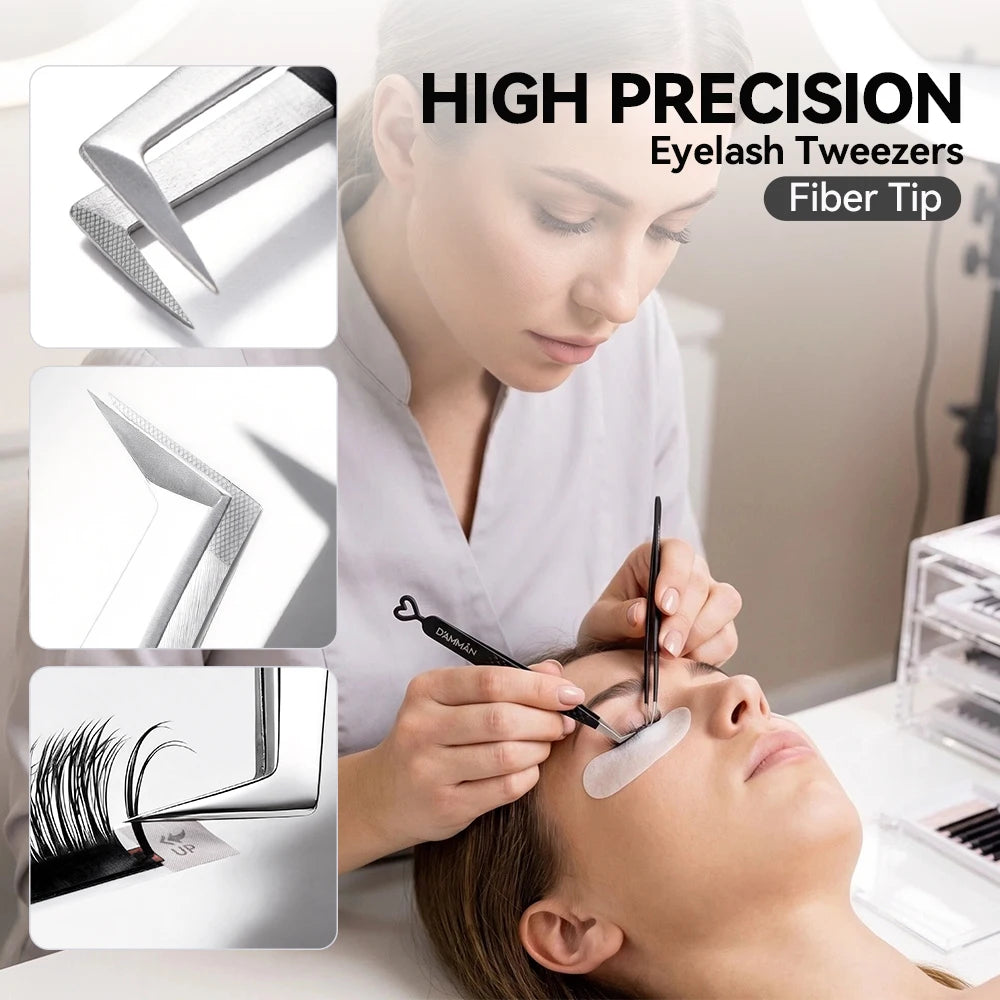 DAMMAN Fiber Tip Lash Extensions Tweezers Professional Anti-slip Eyelash Tweezers Stainless Steel Lash Tweezers Makeup Tools
