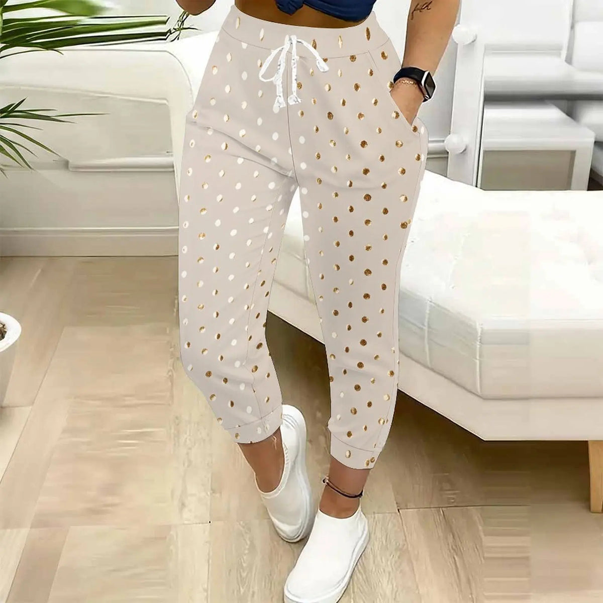 Autumn Women'S Casual Geometric Circle Pattern Printed Drawstring Pocket Pants WinterLadies Elegant Sport Pants