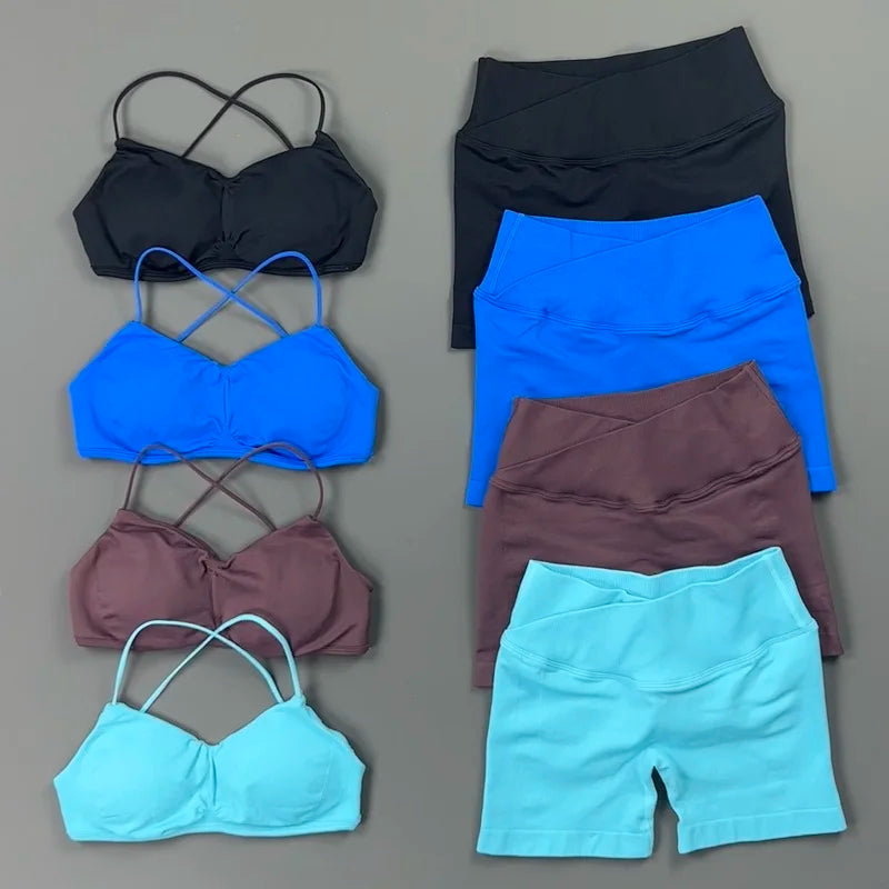 2 Piece Yoga Set Women Criss‑Cross Back Straps Bralette Crossover Waist Yoga Shorts Buttery-Soft Gym Training Workout Activewear