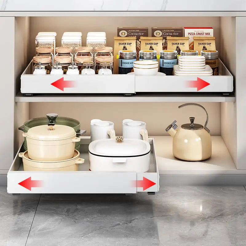 Telescopic Pull Out Cabinet Organizer Heavy Duty Steel Sliding Drawer Shelf No Drill Adhesive Under Sink Storage Basket Slide Out Kitchen Pantry Rack Space Saving Organization