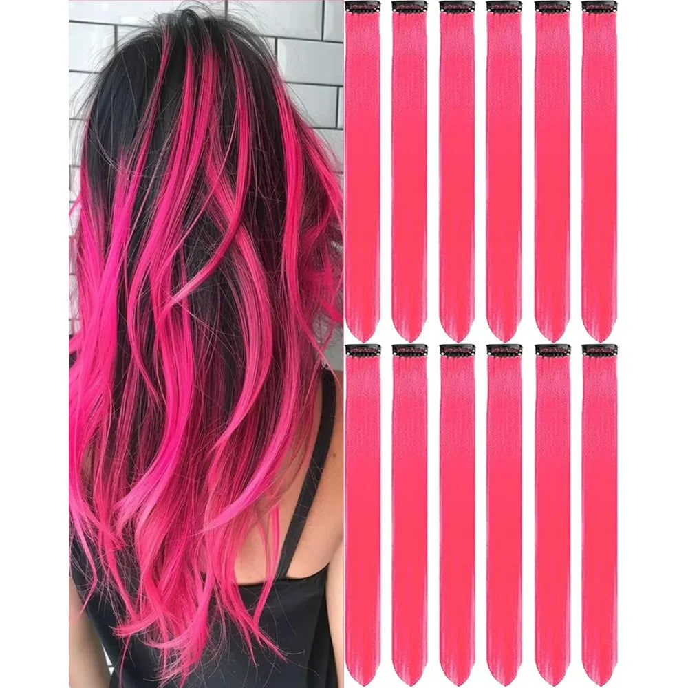 6/12 PCS Hair Extensions Clip, 22in Colored Hair Extensions Party Highlights Long Straight Synthetic Hairpieces for Girls Cospla