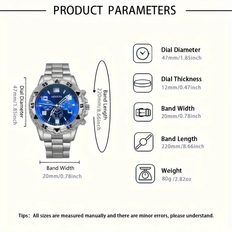 Men's Geneva Watch Set 4 Styles Luxury Chronograph Quartz Wristwatches Stainless Steel Band Business Casual Watch for Men
