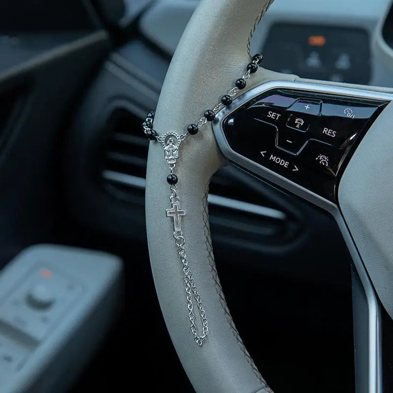 Car Pendant Rosary Ornament  Cross Steering Wheel Beads Decorative Faith Accessory for Auto Rearview Mirror
