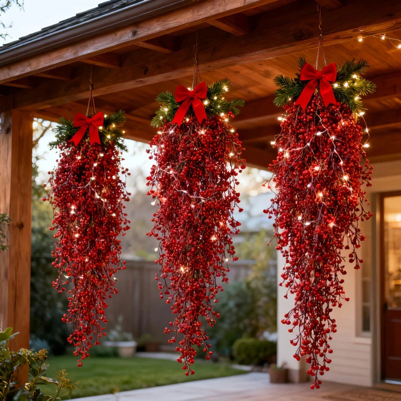 2Set Led Artificial Hanging Plants Garland Red Ferns Fake Ivy Plant with Light for Christmas Home Wedding Party Garden Decor