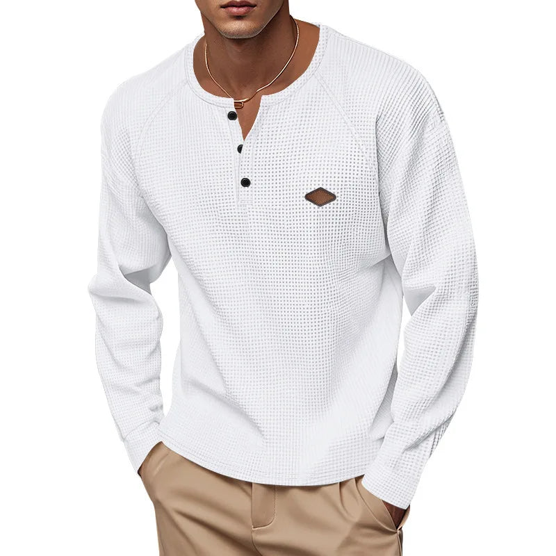 Mens Waffle Texture Henley Neck Long Sleeve Top Raglan Sleeve Leather Label Decor Loose Casual Solid Color Daily Pullover Shirts