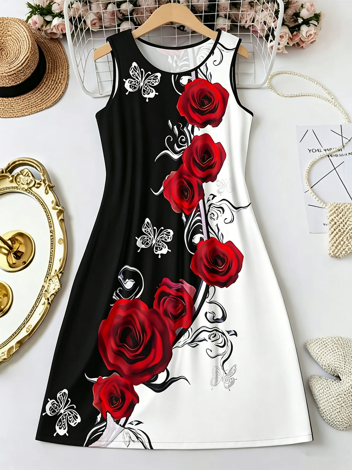 Summer Fashion Round-Neck Women's Dresses Botanical Floral Color-Blocked Patchwork Dresses Travel Party and Beach Dresses