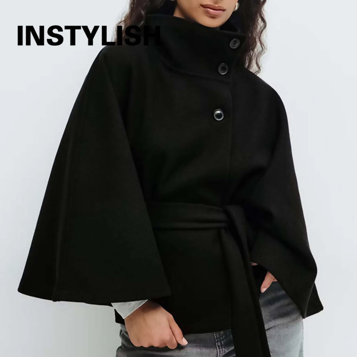 Women Lace Up High Neck Jackets for Women with Belt Elegant Windbreaker Faux Wool Blends Cape Korean Solid Windbreaker Cloak