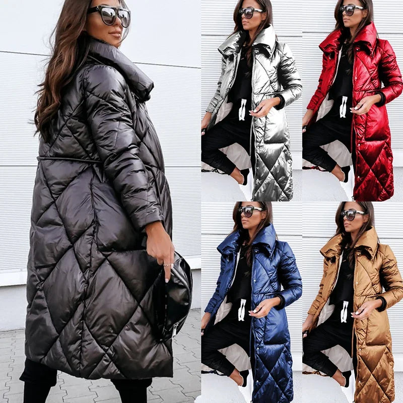 Fashion New Women Solid Color Thicken Warm Parkas Coats Winter Simple Stand Collar Long Sleeve Zipper Casual Slim Female Coats