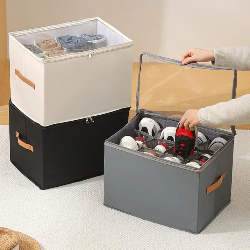 Foldable Fabric 12 Grid Shoe Storage Box Clear Zipper Lid With Handle Sneaker Organizer For Bedroom Daily Storage