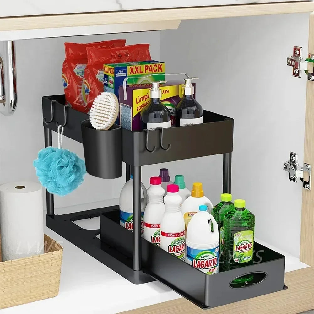 2-Tier Sliding Storage Basket Kitchen Bathroom under Sink Organizer with Multipurpose Shelf Hanging Cup & Hook Accessories