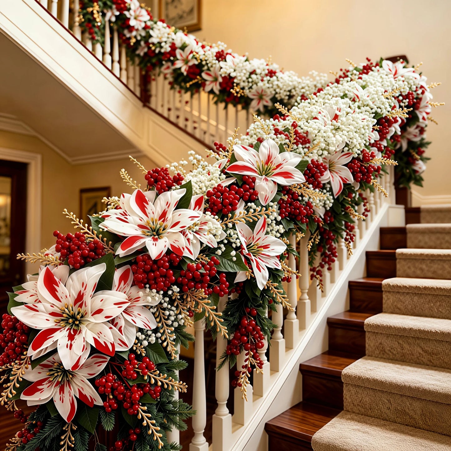 7-Piece Christmas Red and White Poinsettia Artificial Flower Bouquet, with Baby's Breath, Holiday Floral Set! Suitable for Fireplaces, Stair Railings, Dining Tables, Bedroom Vases, Balcony Flower Pots, and Stage Backdrops, Ha