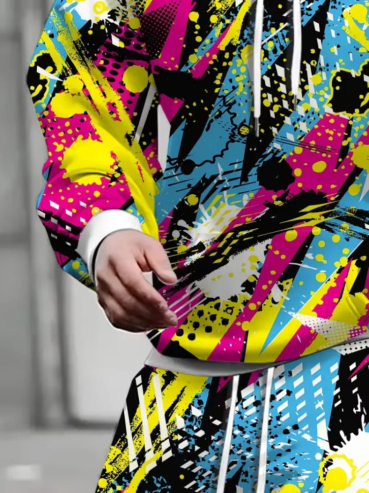 Men 2 Piece Tracksuit Colorful Graffiti Full Print Hoodie Sweatshirt Jogger Pants Set Loose Hip Hop Streetwear Sports Outfits