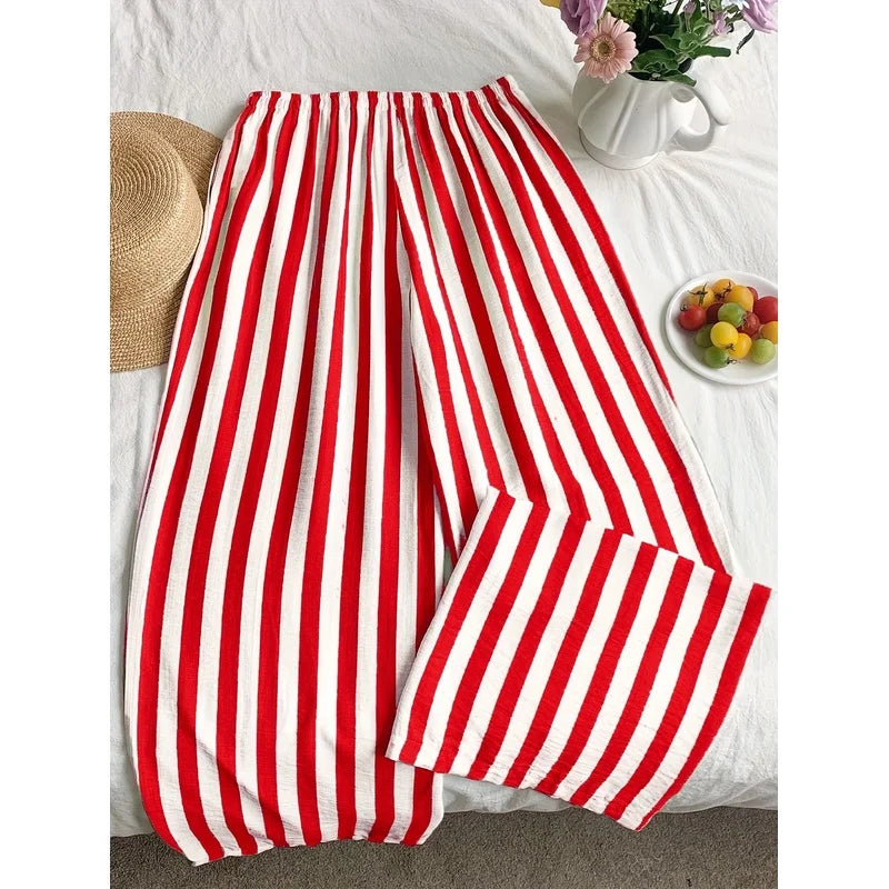 New fashion stripe trousers  Stylish lady Women'S Long Striped Drawstring high Waist Comfortable Loose Wide-Leg Pants