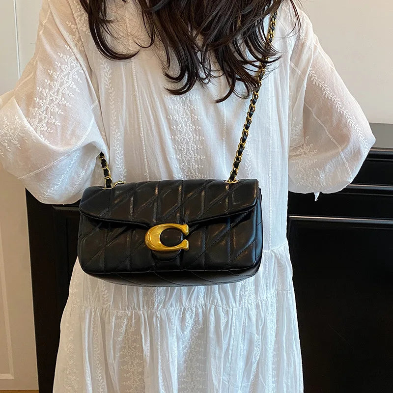 Women Quilted Leather Shoulder Bag Luxury C Logo Gold Chain Crossbody Bag Designer Small Flap Handbag Vintage Black Evening Clut