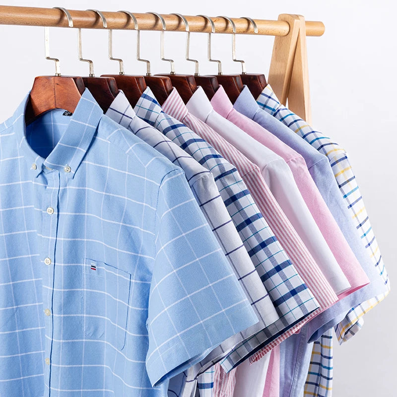 Plus Size 7XL Summer Short Sleeve Shirt 100%Cotton Shirts for Men White Plaid Striped Social Slim Fit Formal Business Clothing