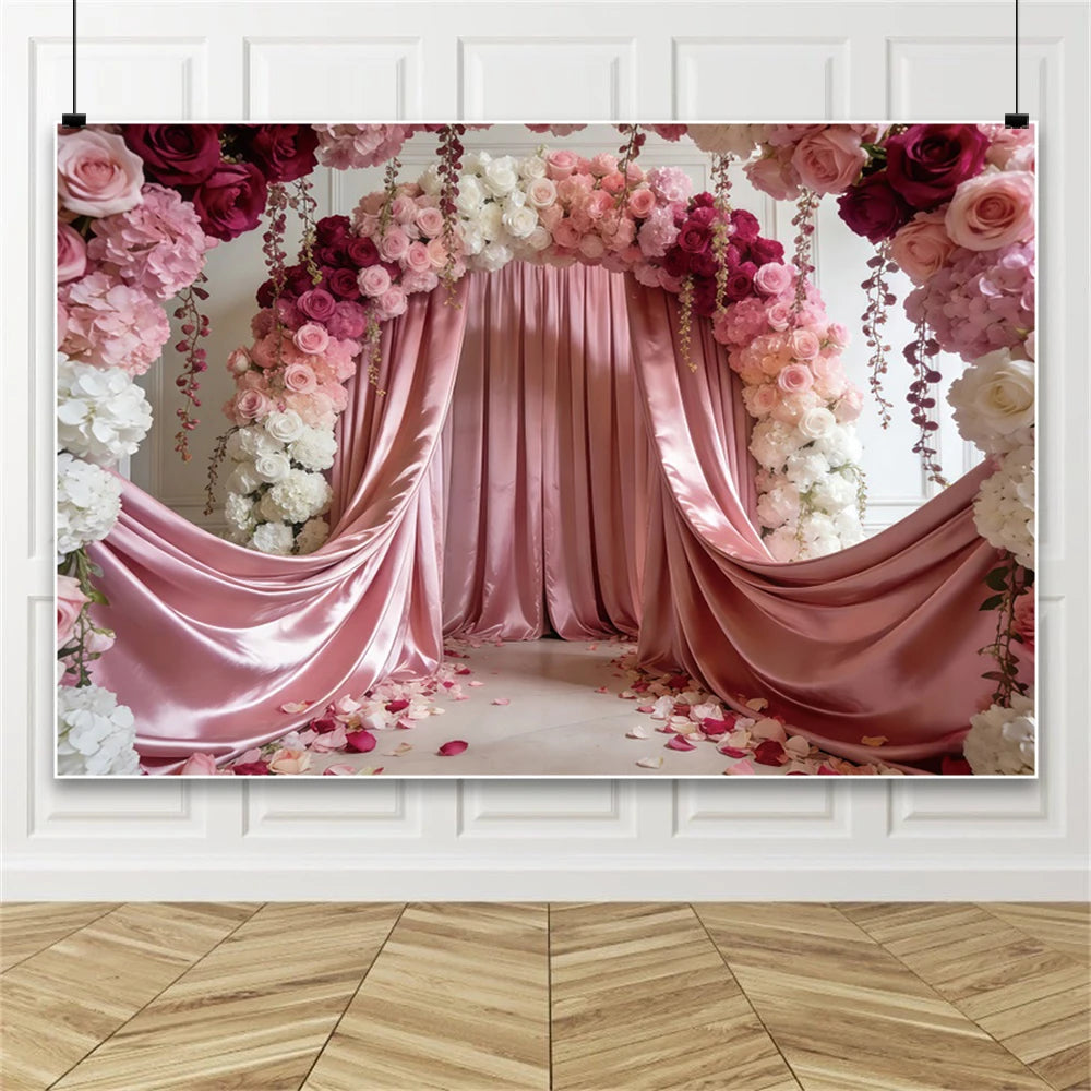 Pink Floral Wedding Backdrop Rose Arch Satin Drapery Photography Background for Bridal Shower Ceremony Photo Booth Decor