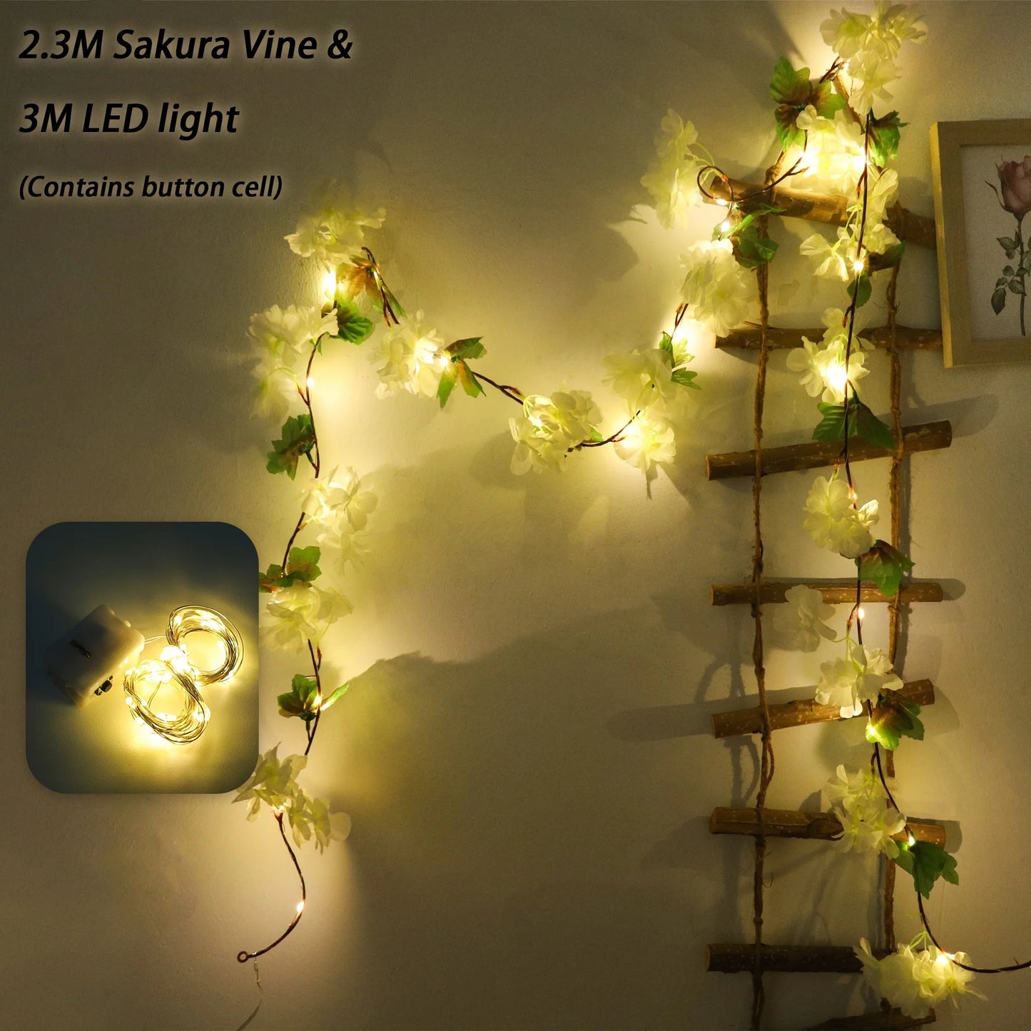 Artificial Sakura Flowers Vine LED String Lights Wedding Decoration Garden Arch Hanging Home Room Decor Christmas Party Ornament